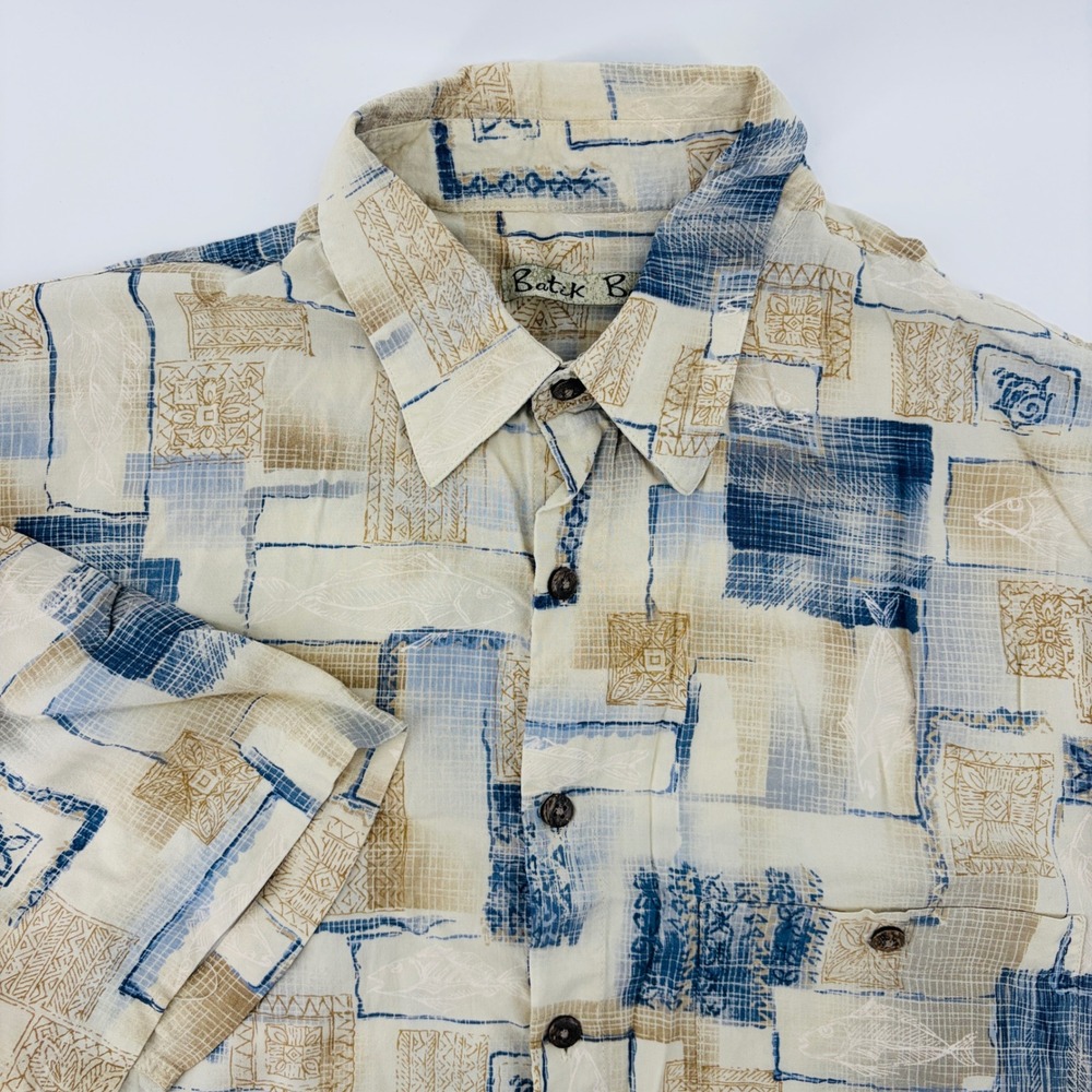 Batik Bay Hawaiian Shirt Mens LT Large Tall Blue Tan Rayon Abstract Patchwork